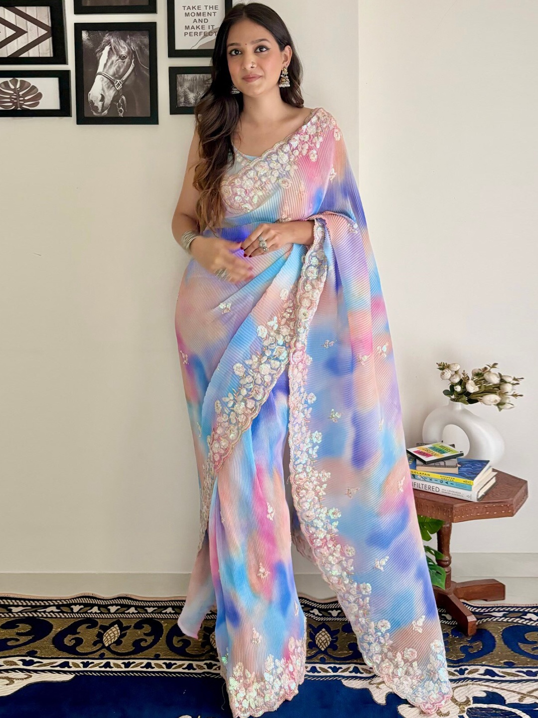 

LeeliPeeri Designer Crush Floral Embellished Sequinned Saree, Pink