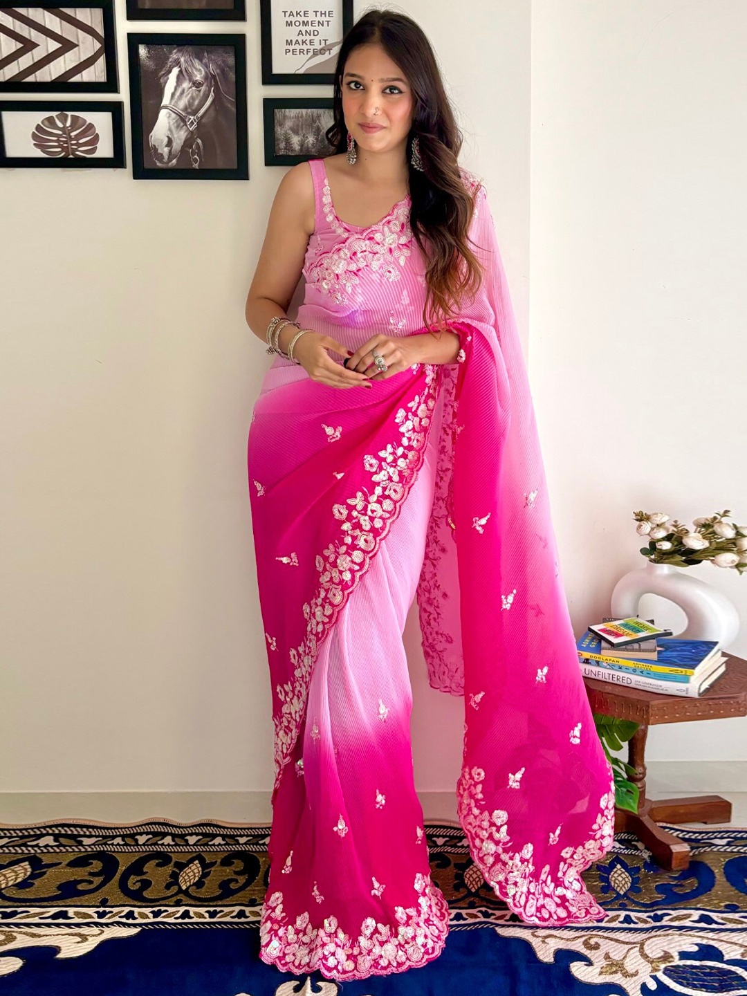 

LeeliPeeri Designer Crush Floral Embroidered Saree, Pink