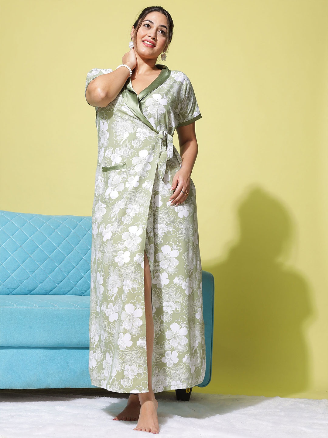 

9shines Label Printed Maxi Wrap Nightdress, Green