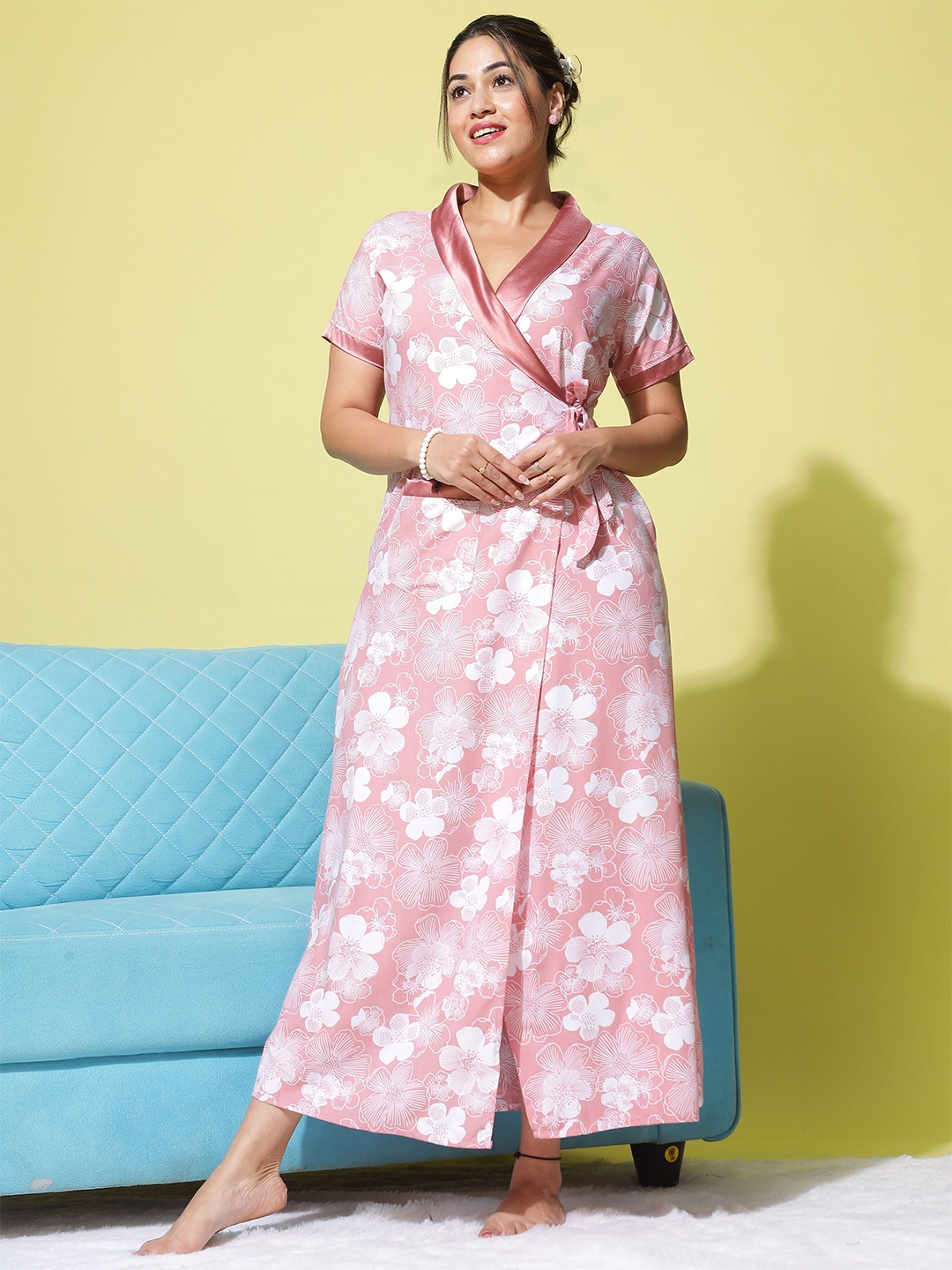

9shines Label Floral Printed Shawl Neck Maxi Wrap Nightdress, Peach