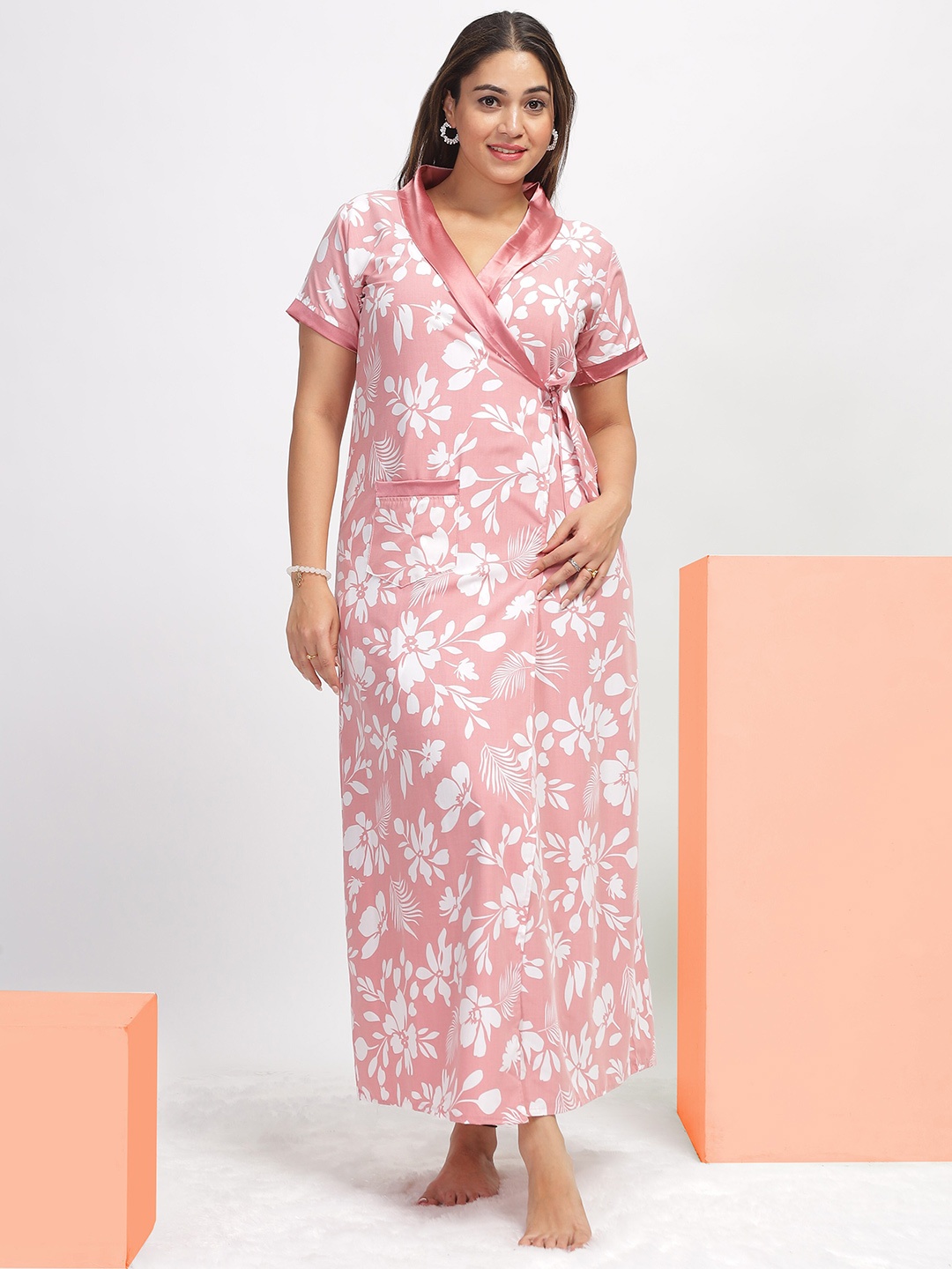 

9shines Label Floral Printed Shawl Neck Maxi Wrap Nightdress, Peach