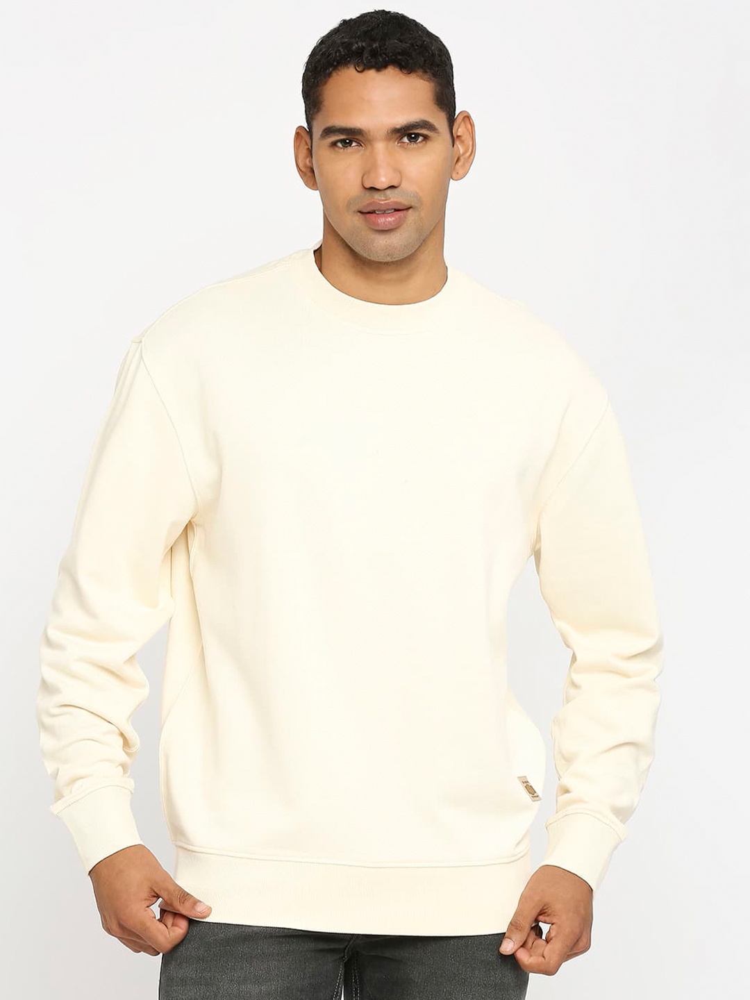 

Basics Round Neck Cotton Pullover, Beige