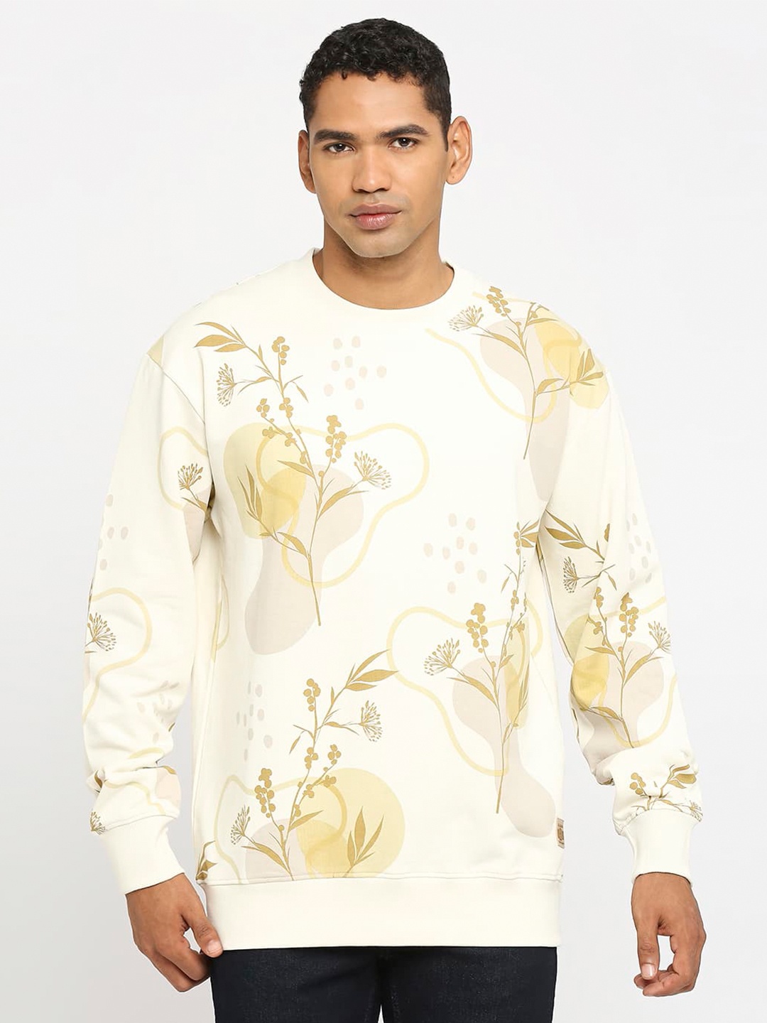 

Basics Artic Wolf Floral Printed Round Neck Cotton Comfort Fit Pullover, Off white