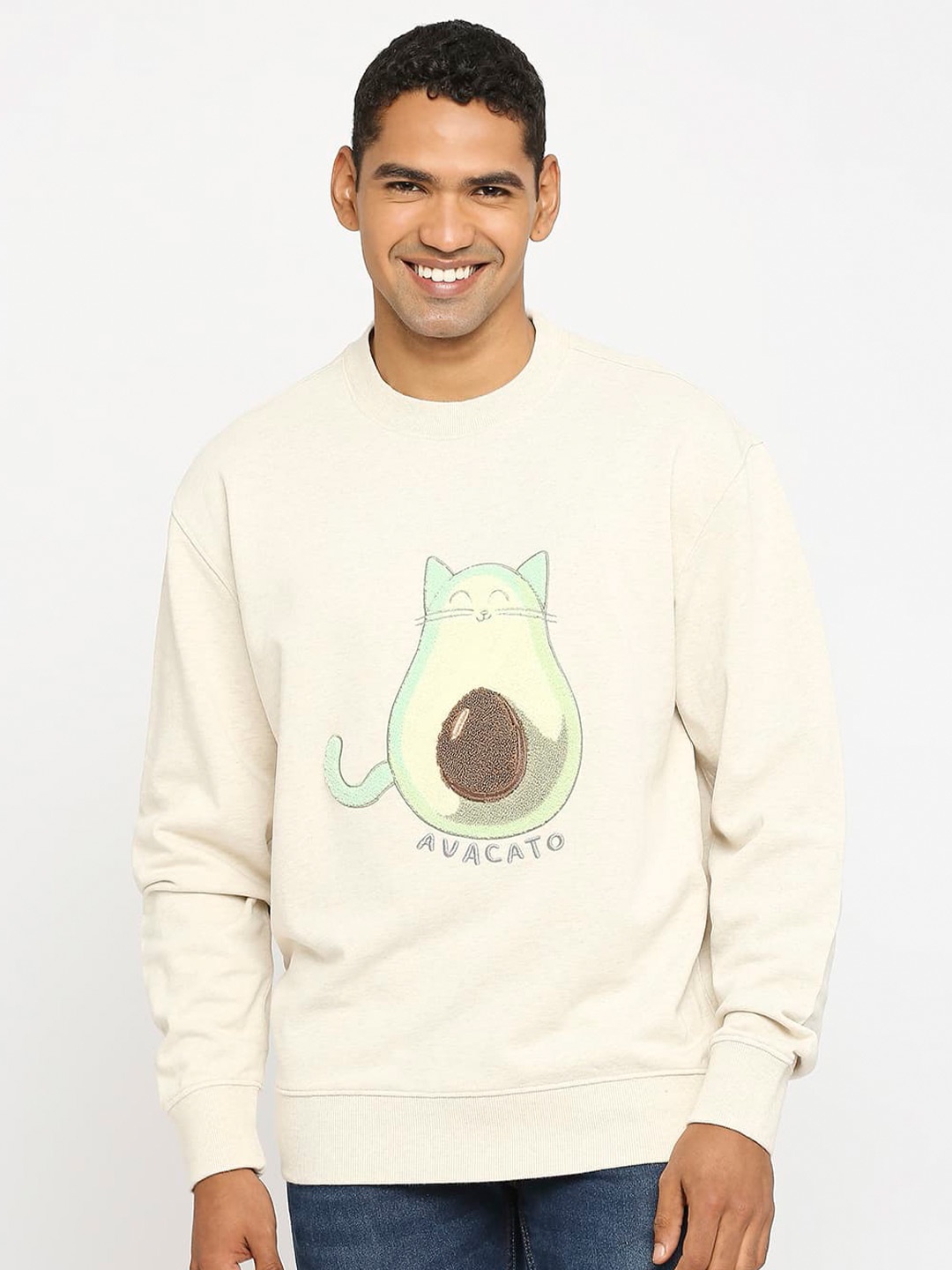 

Basics Papyrus Graphic Printed Comfort Fit Cotton Pullover, Beige