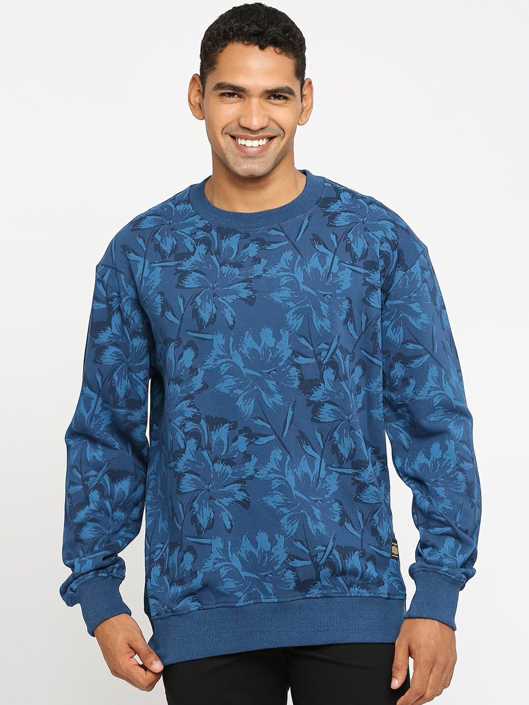 

Basics Floral Printed Non Brushed Fleece Cotton Pullover Sweatshirt, Blue