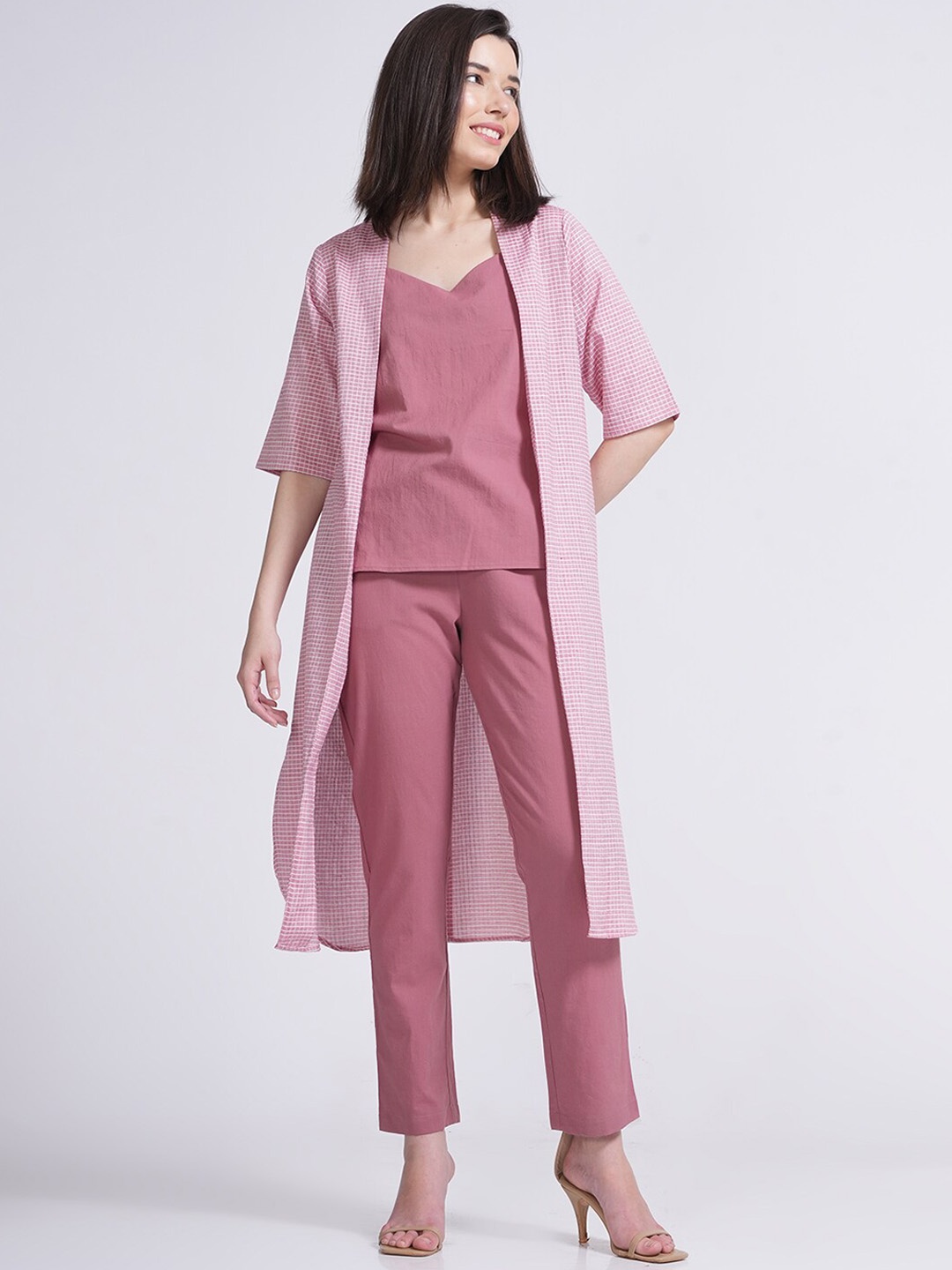 

Saltpetre Pure Cotton Checked Shrug , V-Neck Top & Mid-Rise Trouser Co-Ords, Pink