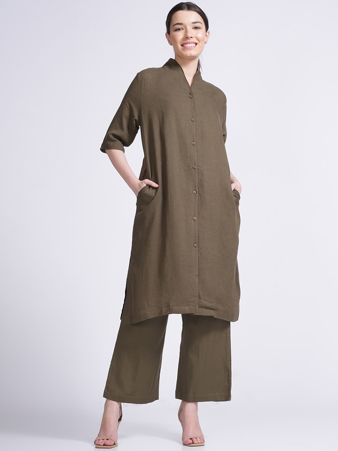 

Saltpetre V-Neck Linen Long Shirt & Trousers Co-Ords Set, Olive