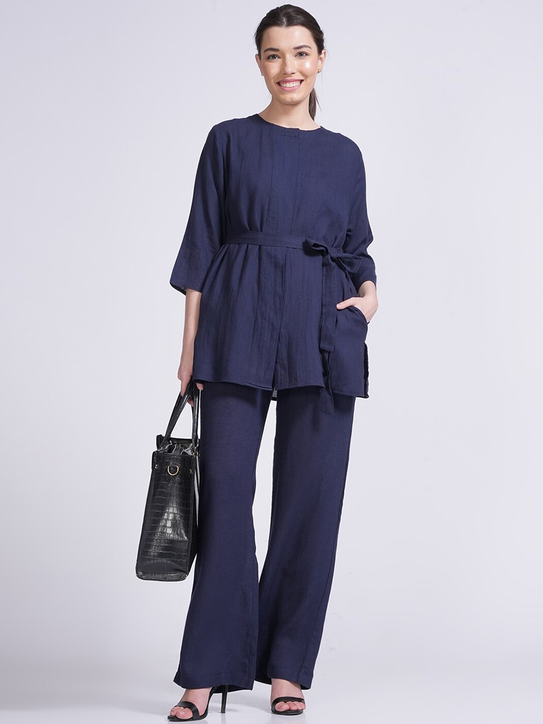 

Saltpetre Belted Linen Top & Trousers Co-Ords Set, Navy blue