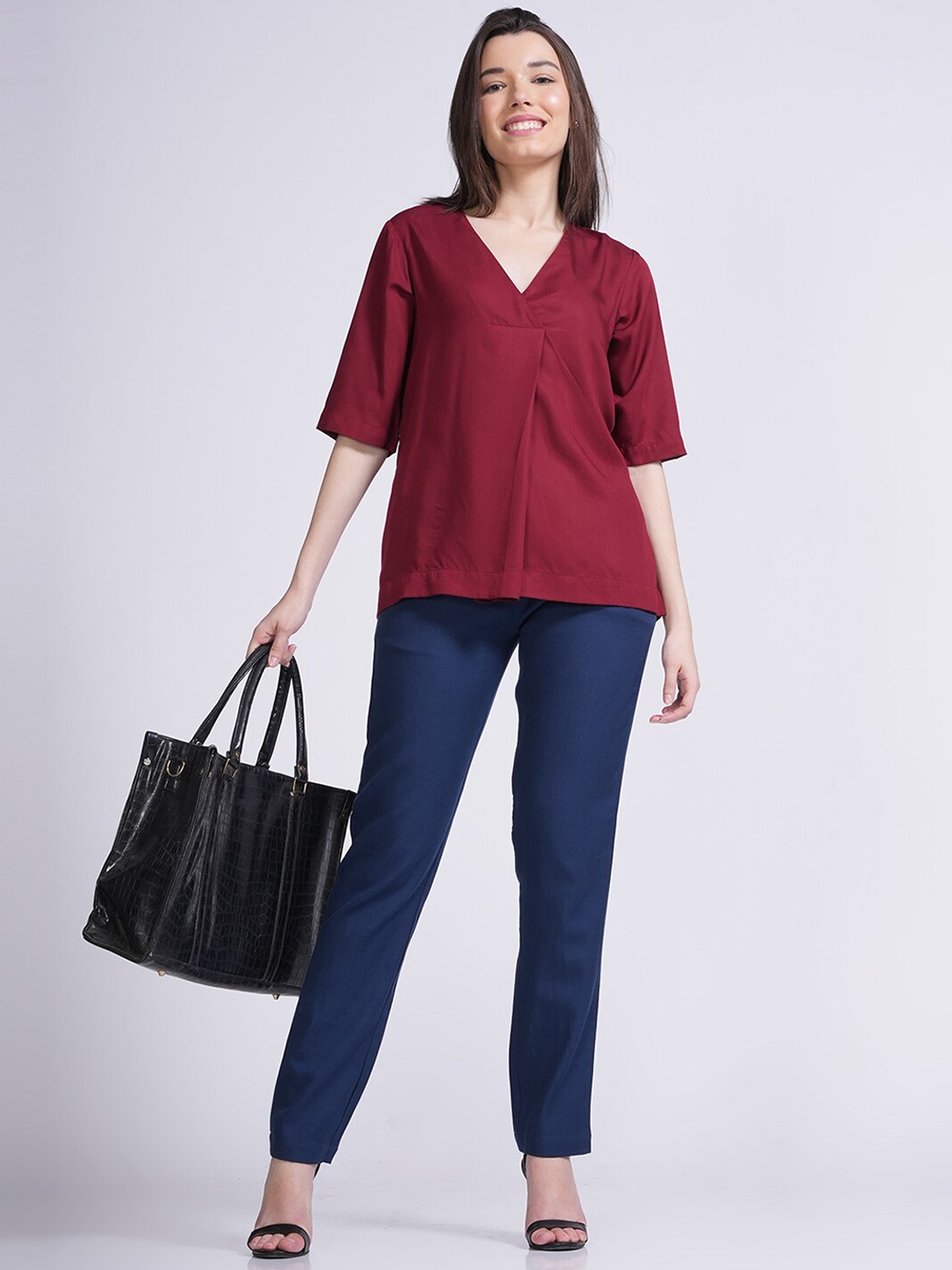 

Saltpetre Diana V-Neck Pleated Top With Trousers, Maroon