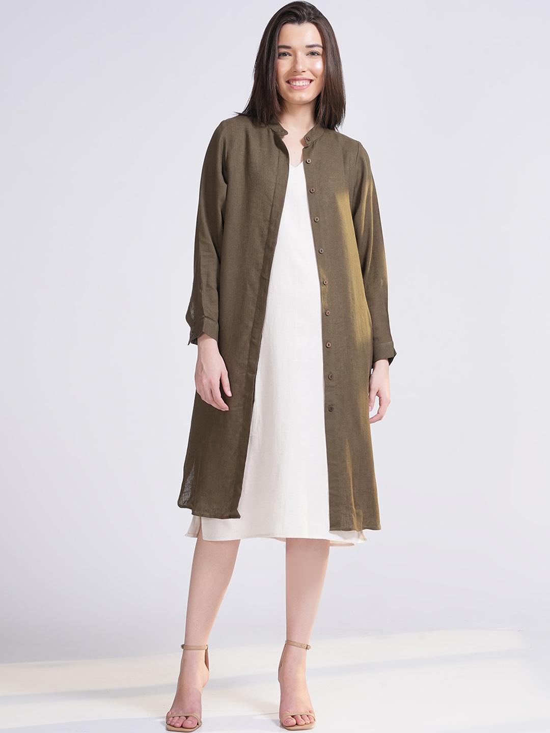 

Saltpetre Pack Of 2 A-Line Linen Knee Dress With Jacket, Olive