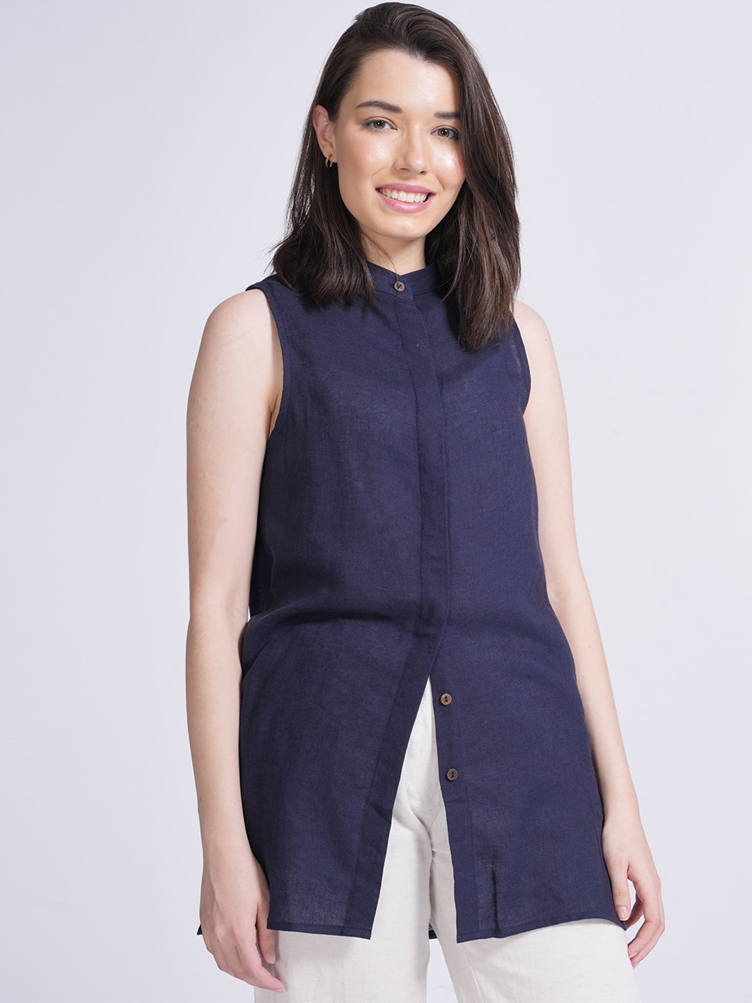 

Saltpetre Wren Mandarin Collar Top & Trousers Co-Ords Set, Navy blue