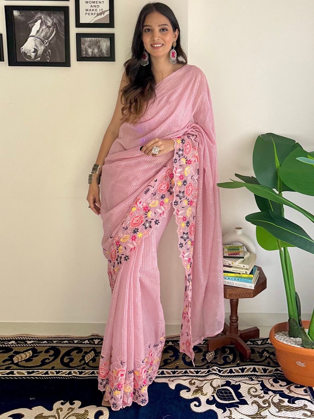 

LeeliPeeri Designer Floral Embellished Sequinned Saree, Pink