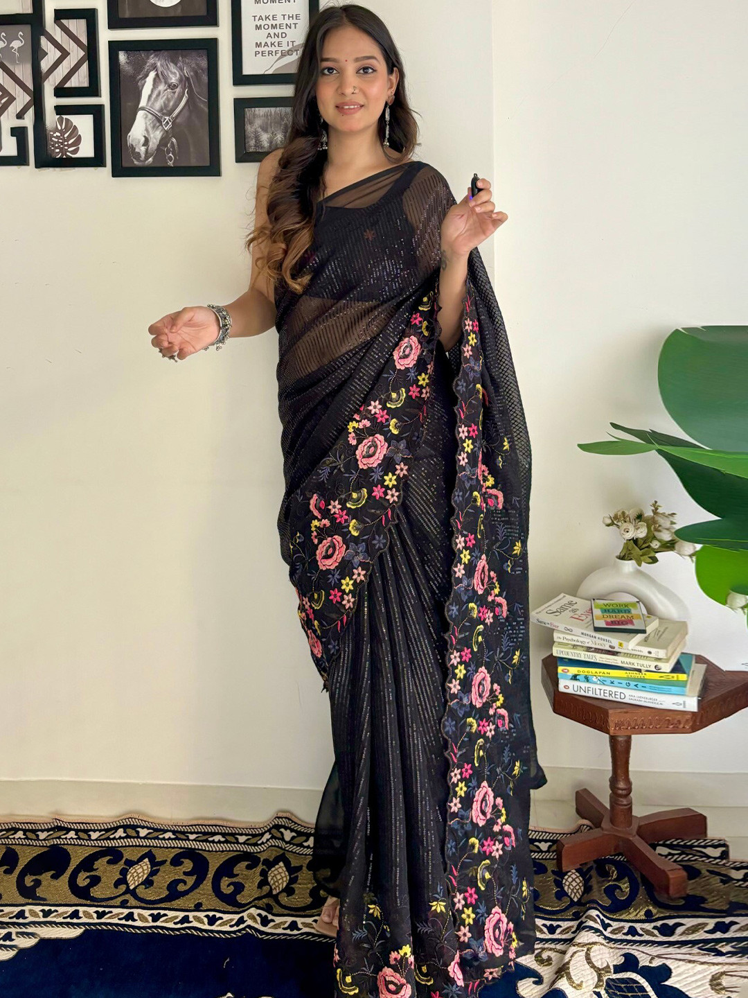 

LeeliPeeri Designer Floral Embellished Sequinned Saree, Black