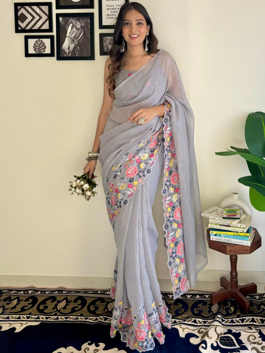

LeeliPeeri Designer Floral Embellished Sequinned Saree, Grey