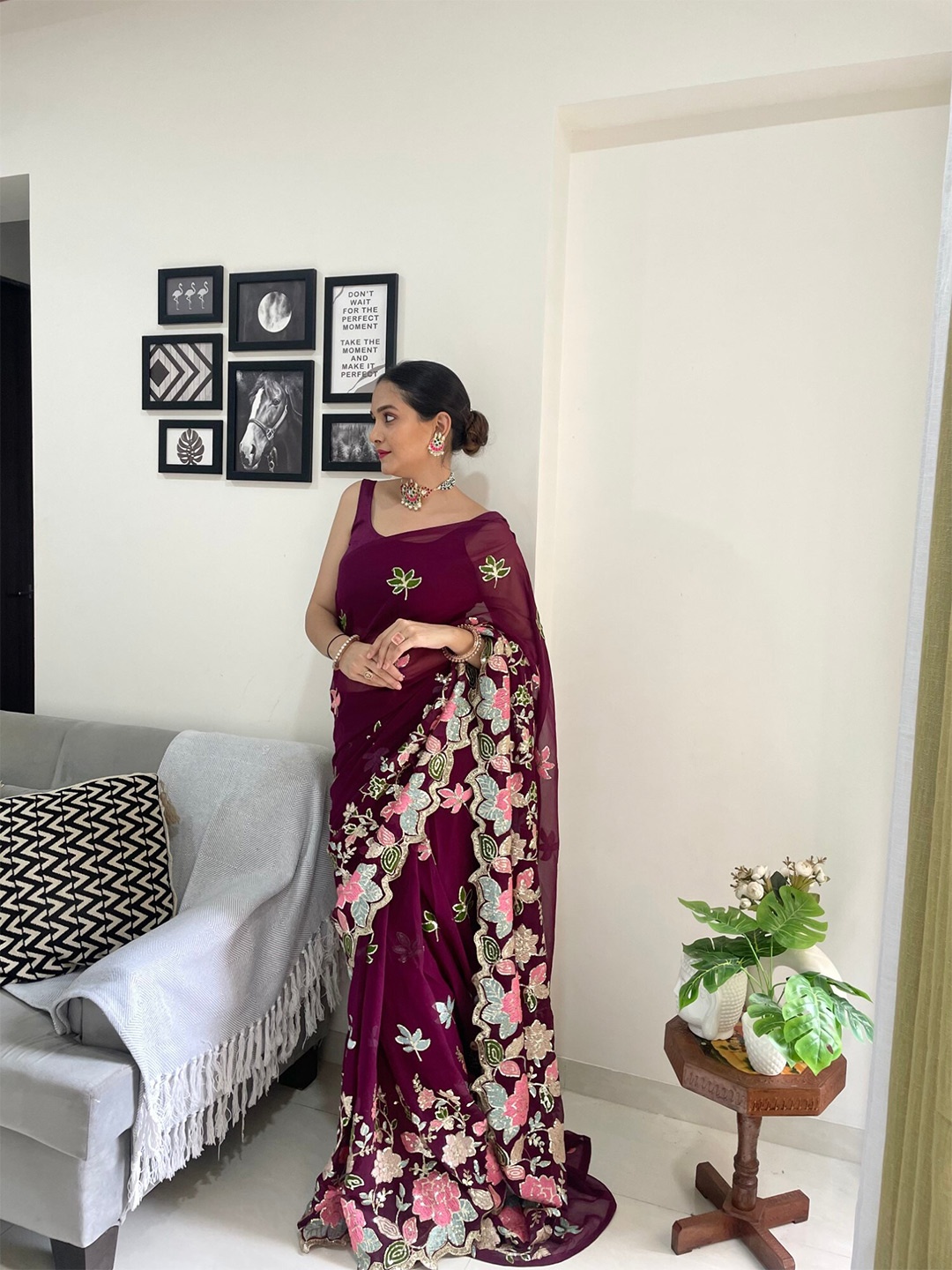 LeeliPeeri Designer Floral Embroidered Saree, Maroon