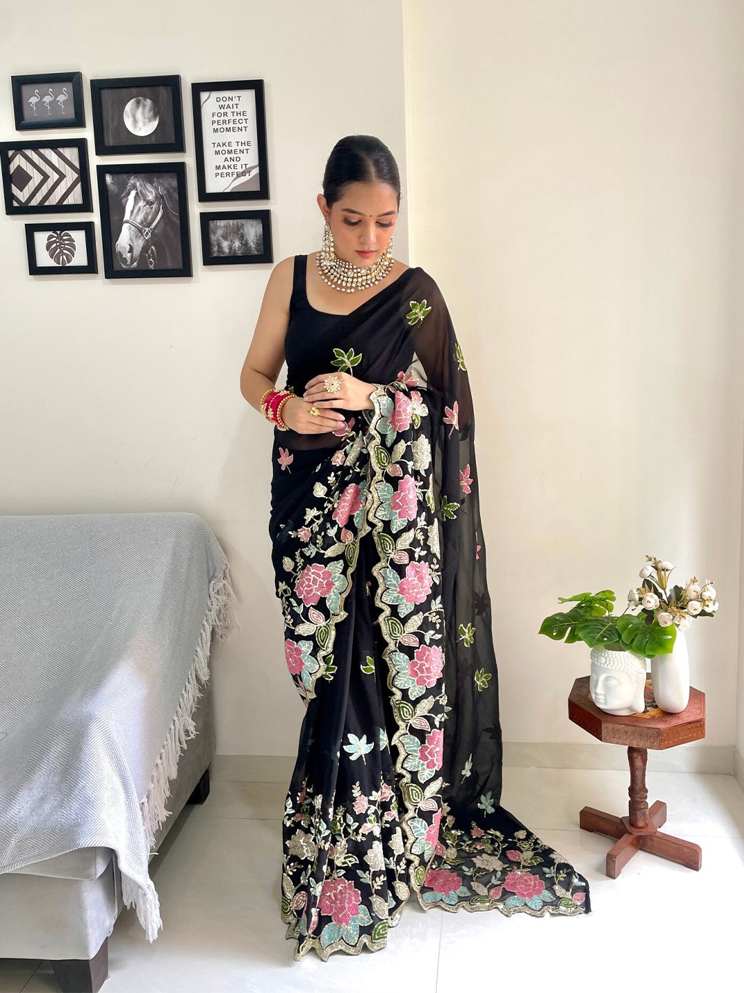 

LeeliPeeri Designer Floral Embroidered Saree, Navy blue
