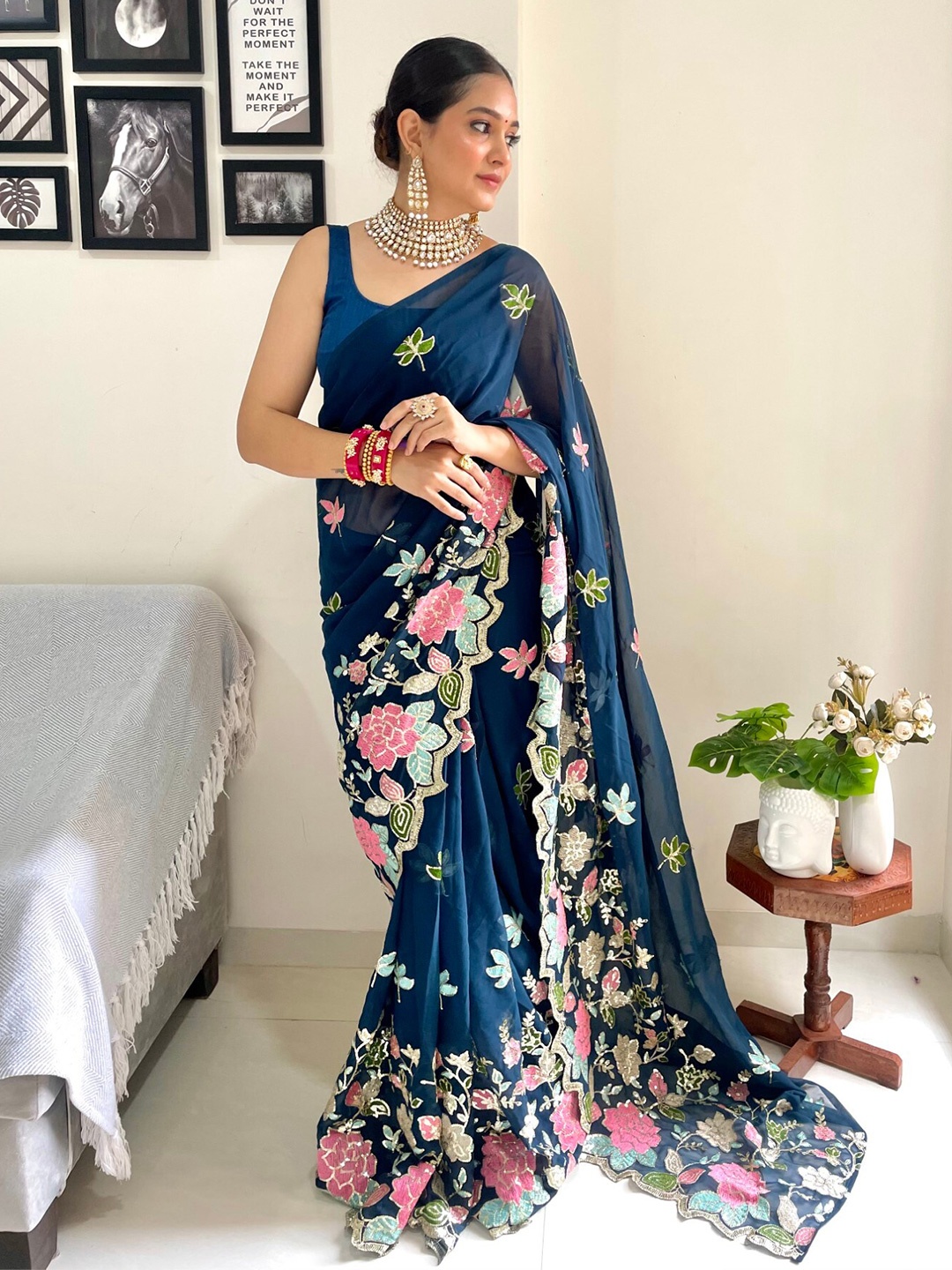 

LeeliPeeri Designer Floral Embroidered Saree, Teal