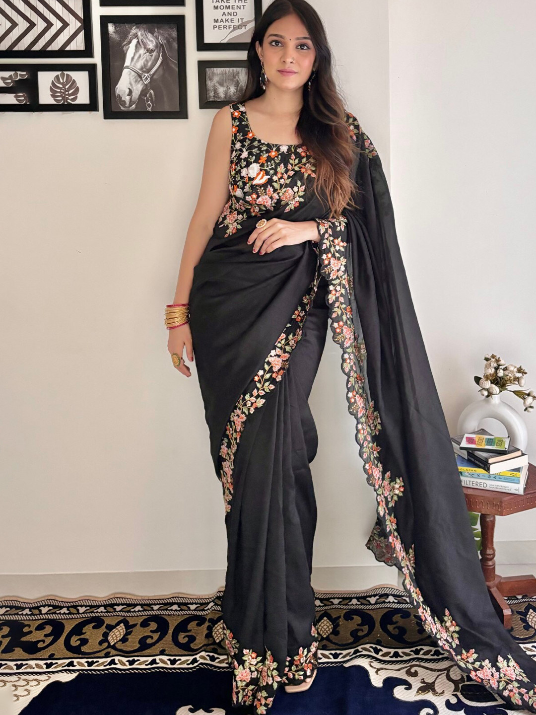 

LeeliPeeri Designer Embroidered Border Saree, Black