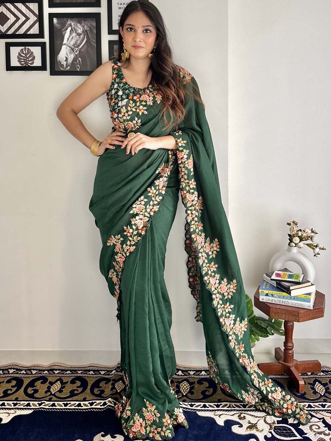 

LeeliPeeri Designer Embroidered Border Saree, Green