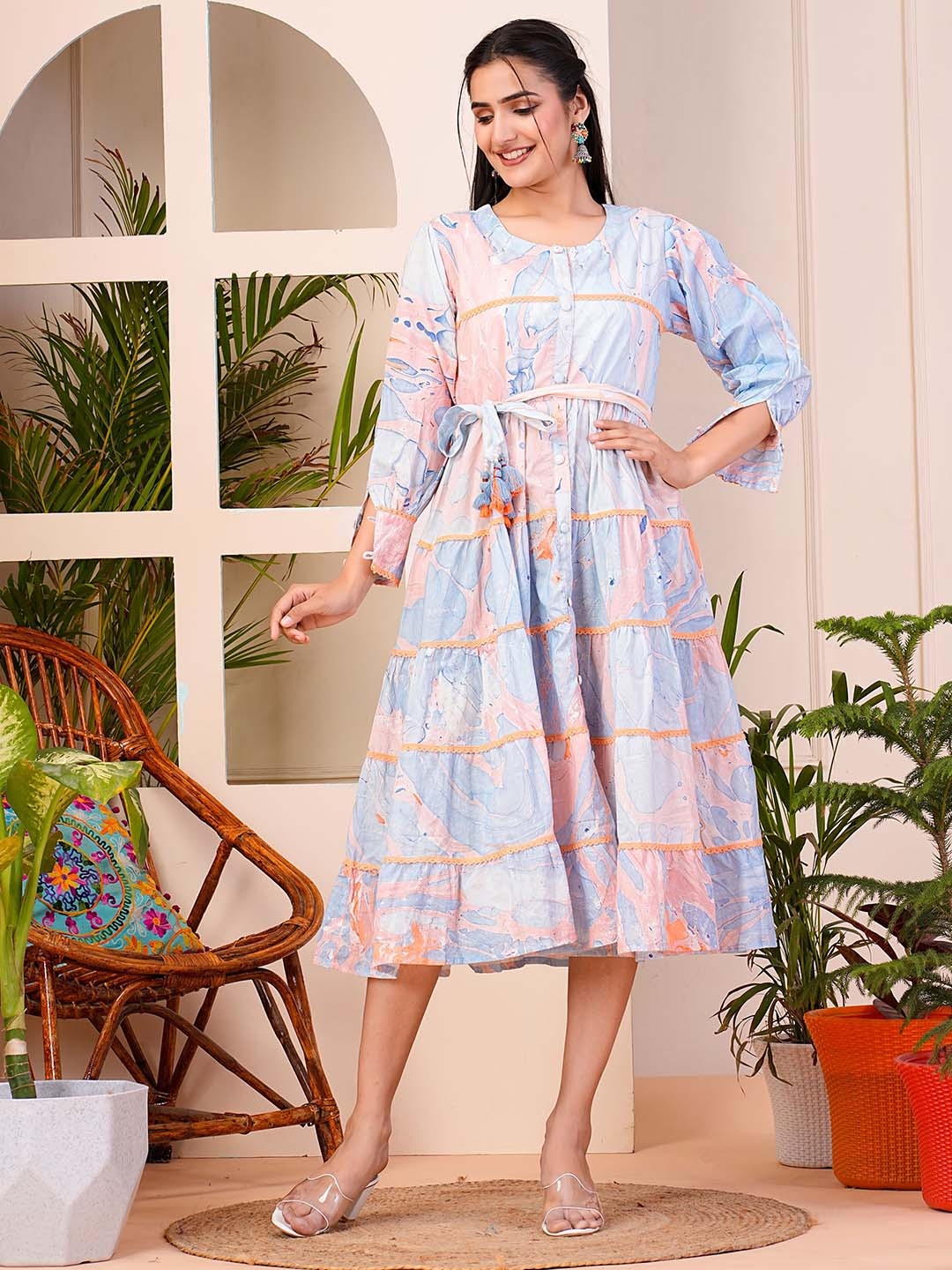 

ZOYOTO Floral Printed Puffed Sleeves Cotton Fit and Flare Midi Dress, Blue