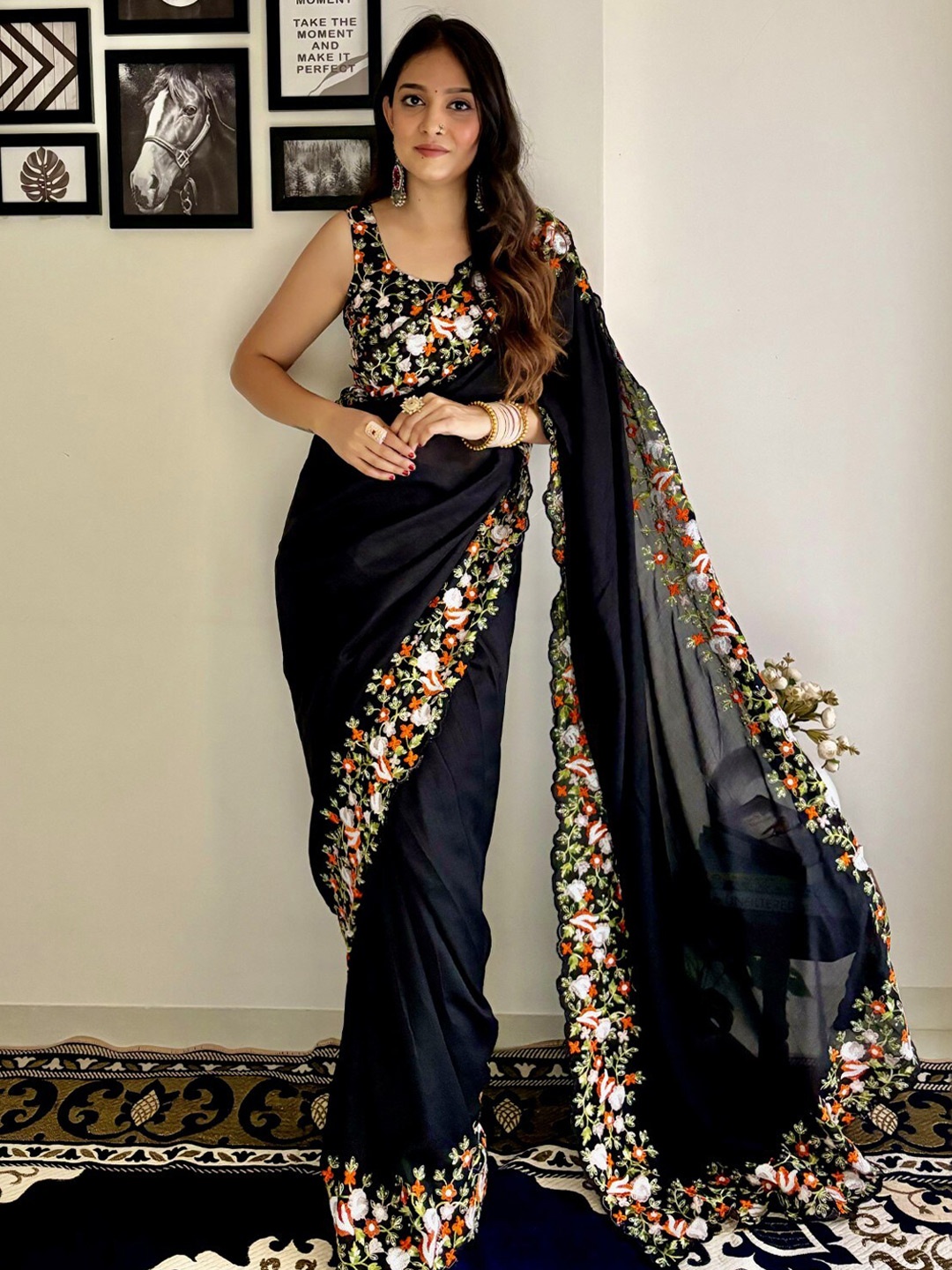 

LeeliPeeri Designer Floral Embroidered Saree, Black