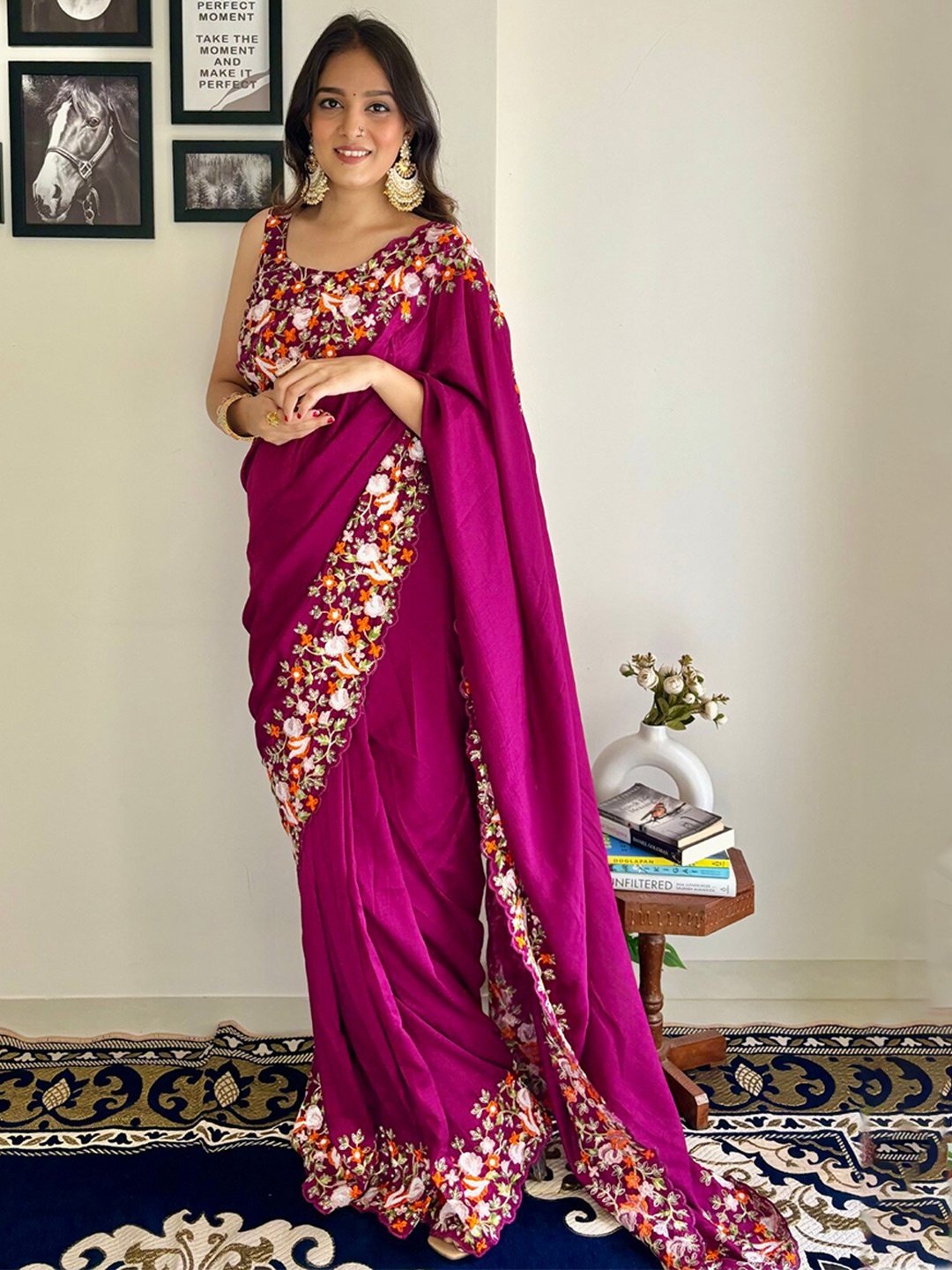 

LeeliPeeri Designer Embroidered Border Saree, Pink