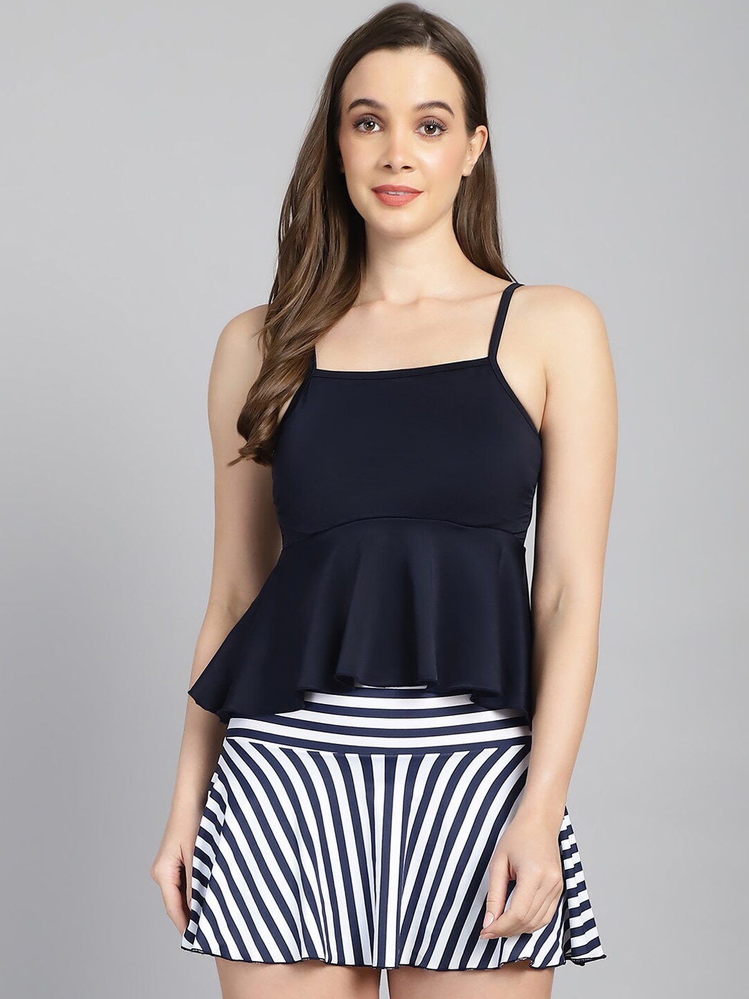 

CUKOO Shoulder Straps Sleeveless Top With Striped Skirt, Blue