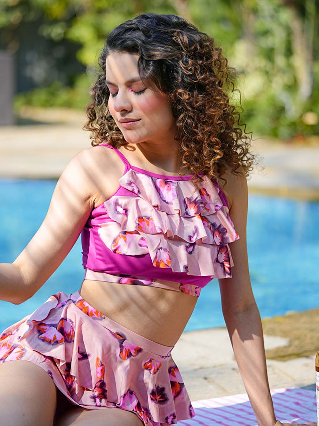 

CUKOO Floral Printed Padded Ruffled Swim Set, Pink