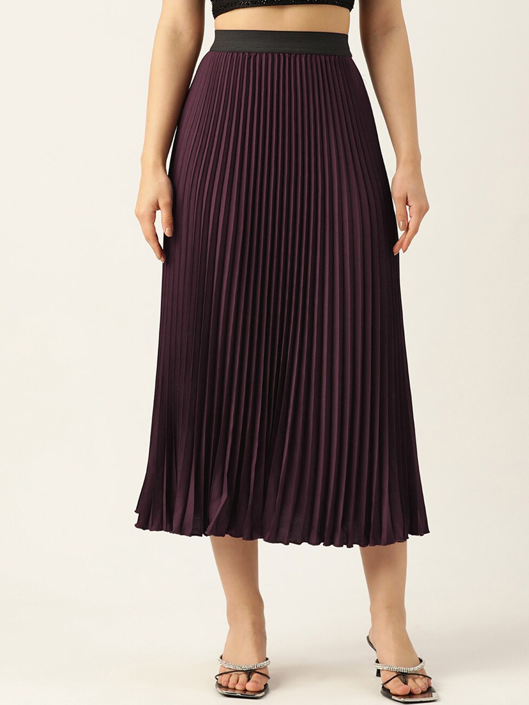 

WISSTLER Accordian Pleated Midi Flared Skirt, Coffee brown