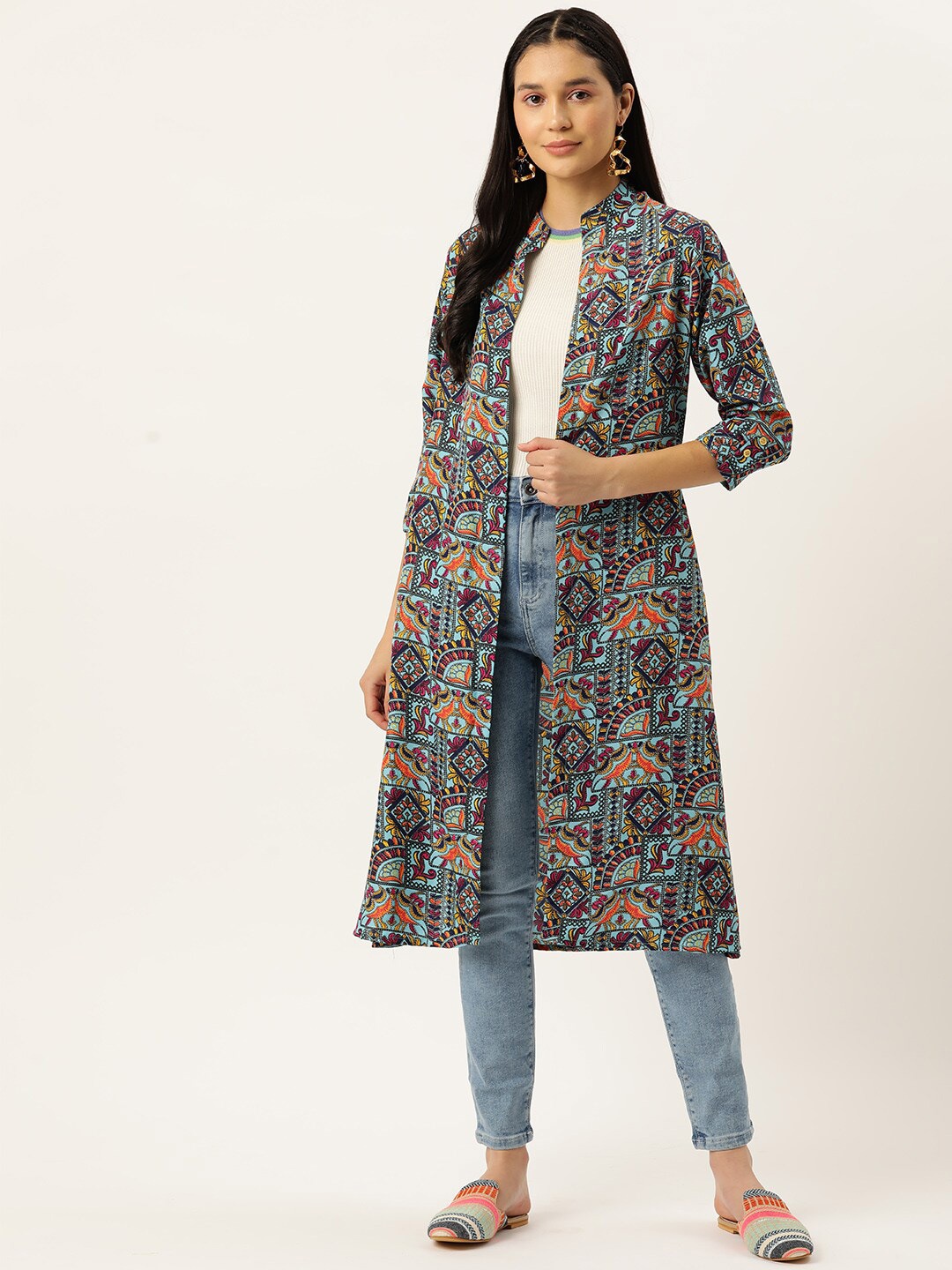 

WISSTLER Ethnic Motifs Printed Mandarin Collar Longline Open Front Shrug, Turquoise blue