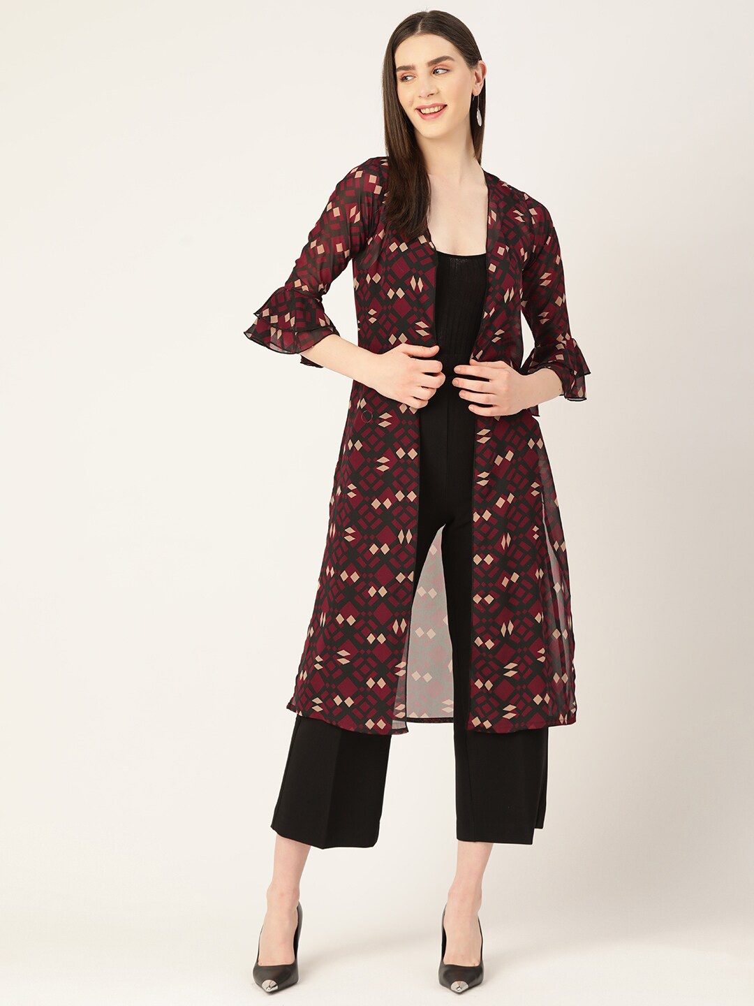 

WISSTLER Geometric Printed Bell Sleeves Longline Open Front Shrug, Maroon