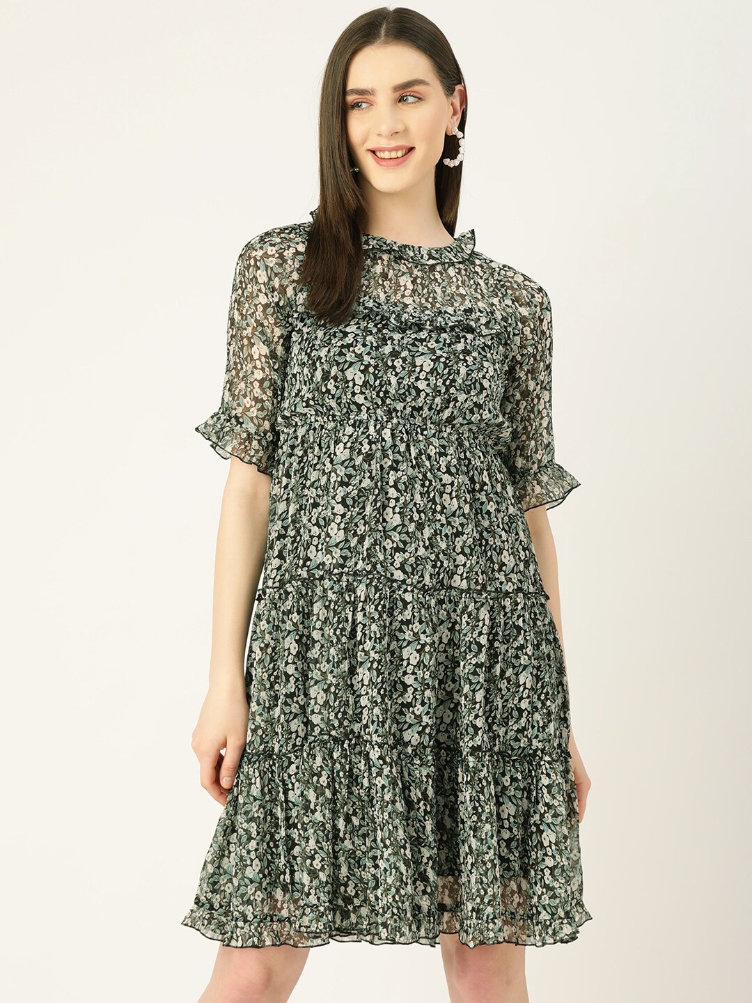 

WISSTLER Floral Printed Bell Sleeve Chiffon Fit and Flare Dress, Green