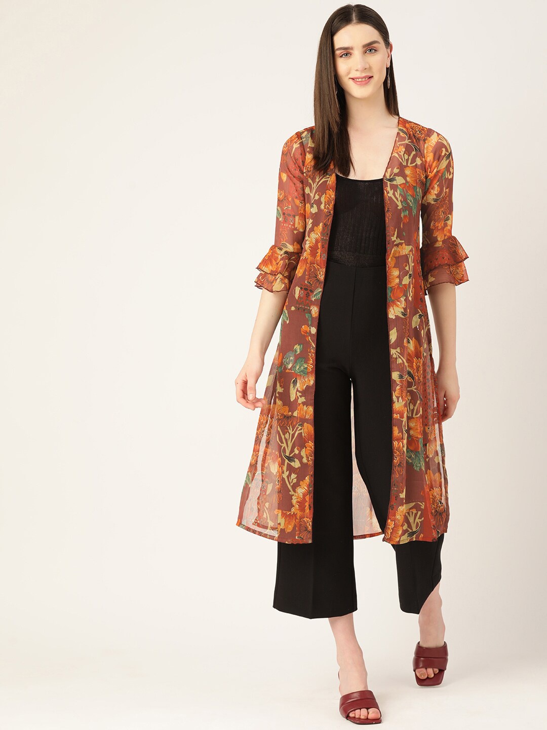

WISSTLER Floral Printed Bell Sleeves Longline Open Front Shrug, Brown