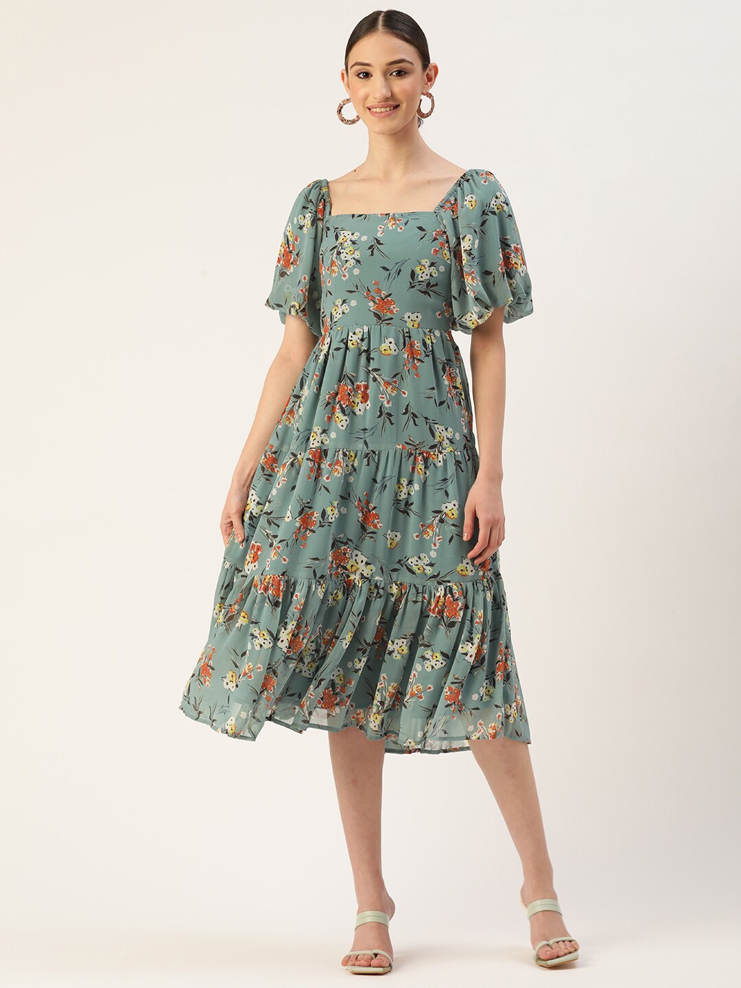 

WISSTLER Floral Printed Flared Sleeves Smocked Georgette Tiered Fit & Flare Dress, Green