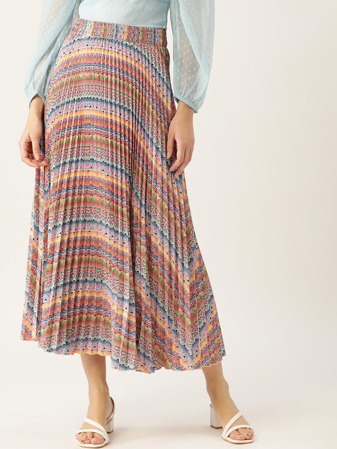 

WISSTLER Tribal Printed Pleated Flared Midi Skirt, Pink