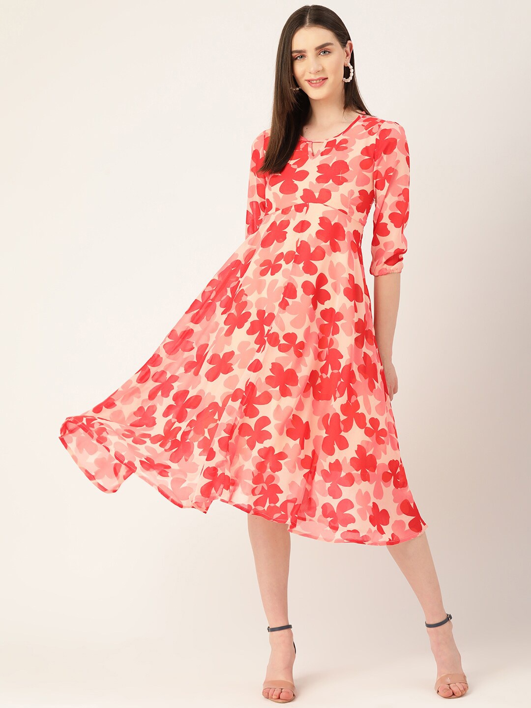 

WISSTLER Floral Printed Georgette Fit and Flare Midi Dress, Peach