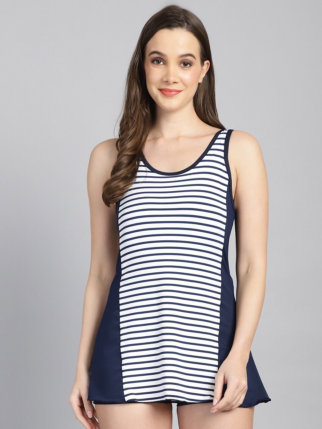 

CUKOO Striped Padded Sleeveless Swimming Dress, Navy blue