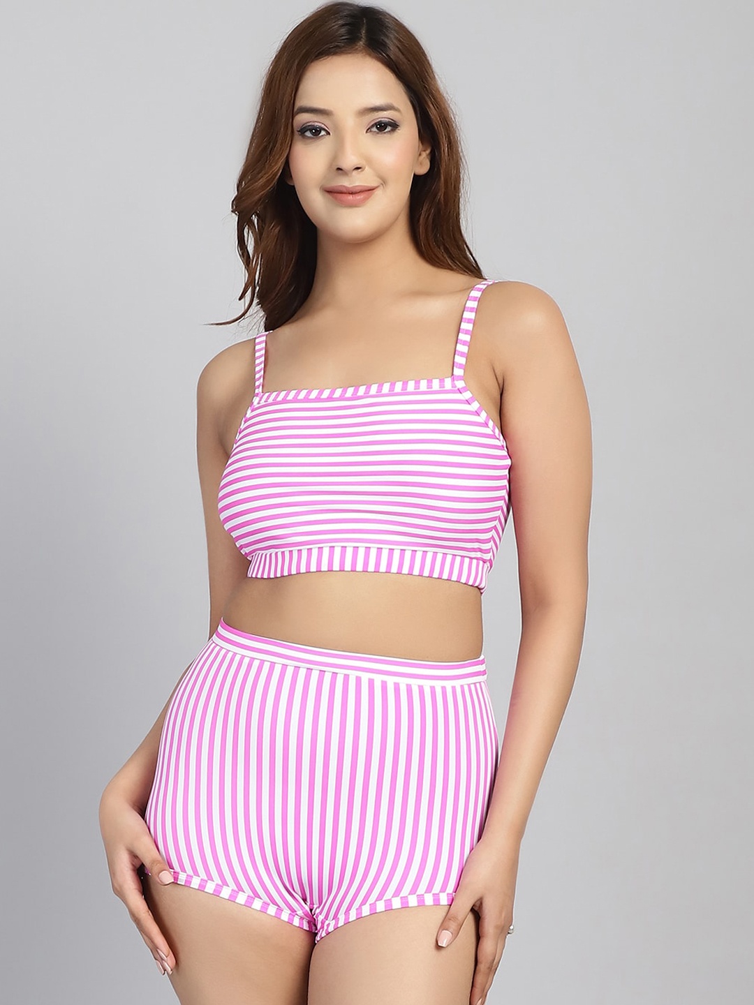 

CUKOO Padded Striped Swim Set, Pink