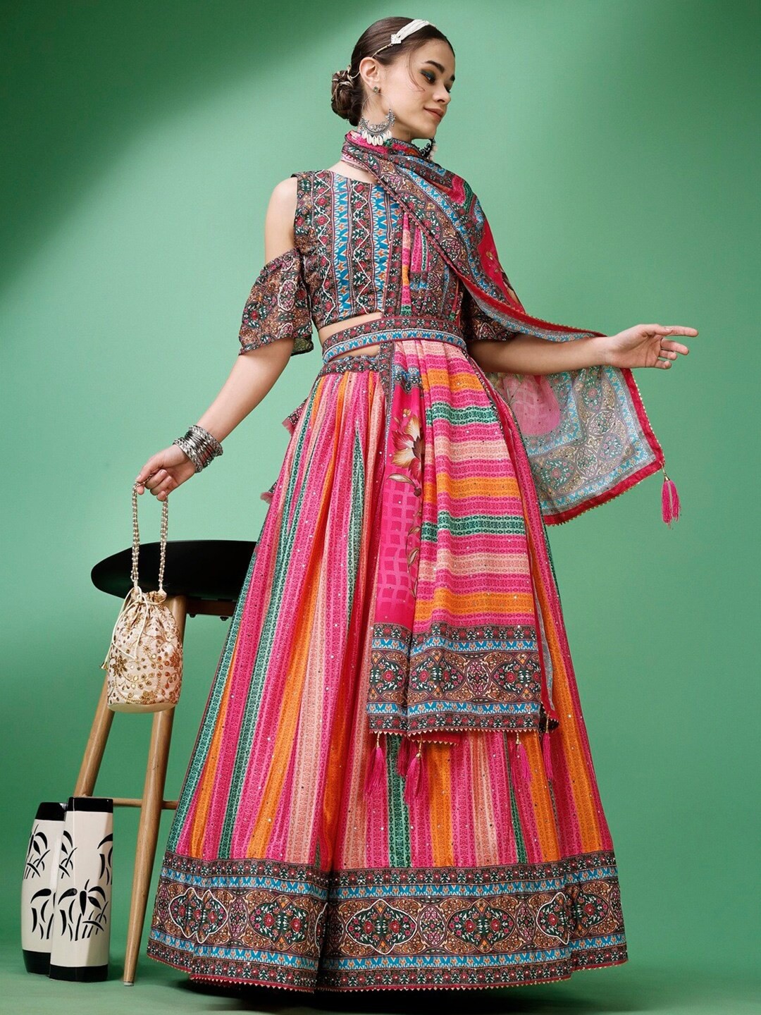 

Sadika Printed Semi-Stitched Lehenga & Unstitched Blouse With Dupatta, Rose