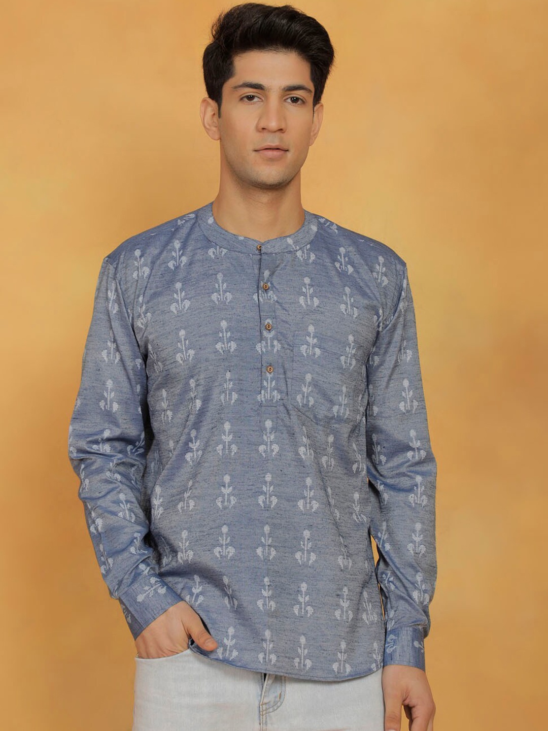 

VASTRAMAY Ethnic Woven Design Pure Cotton A-Line Kurta, Blue