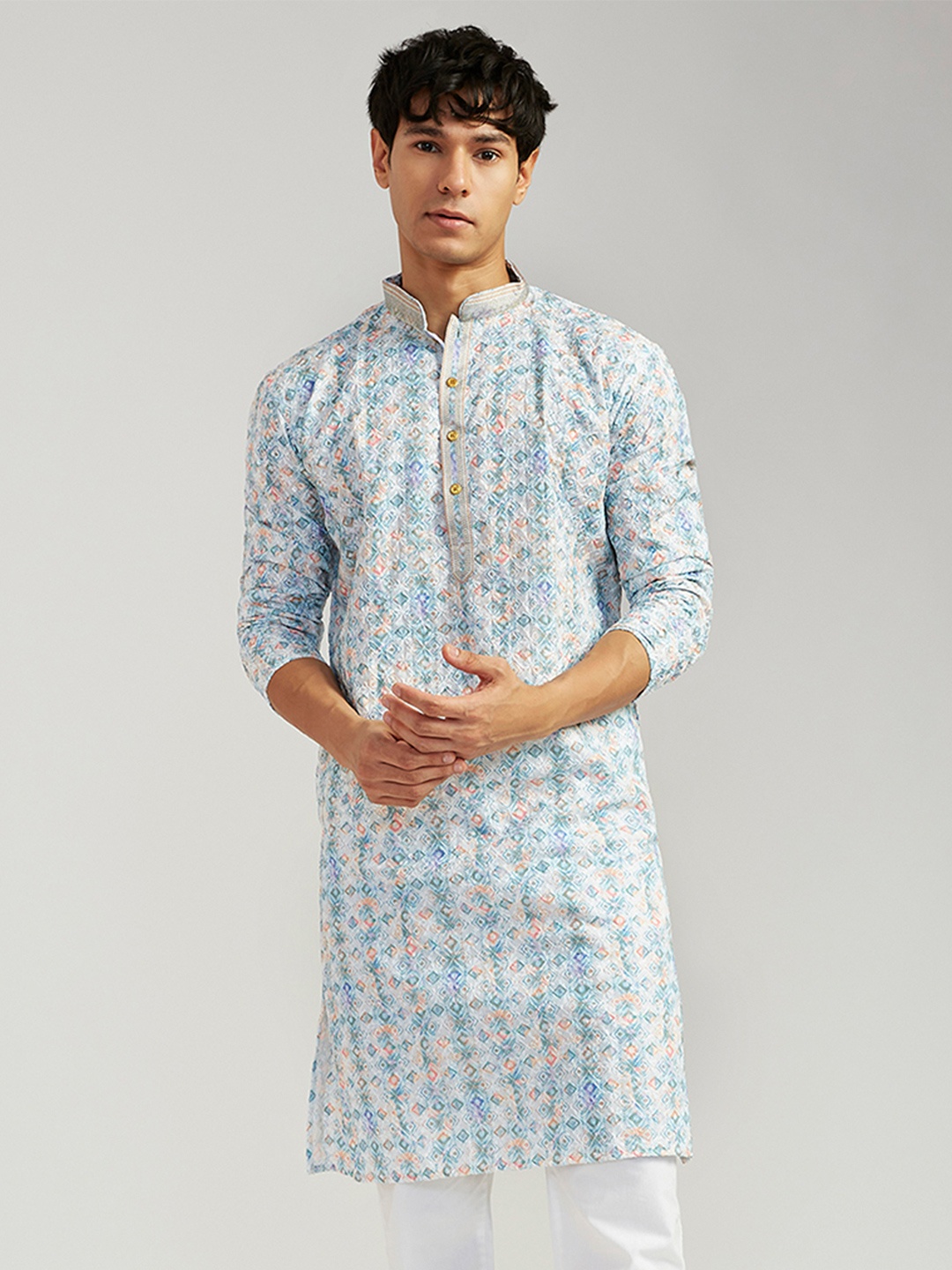 

VASTRAMAY Geometric Printed Mandarin Collar Kurta, Blue