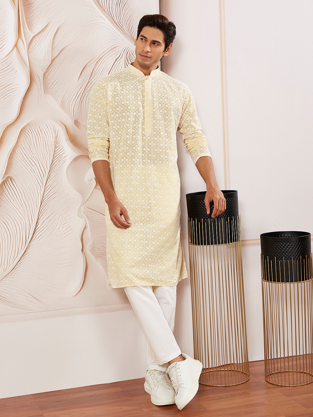 

VASTRAMAY Ethnic Motifs Embroidered Regular Chikankari Kurta with Pyjama, Yellow
