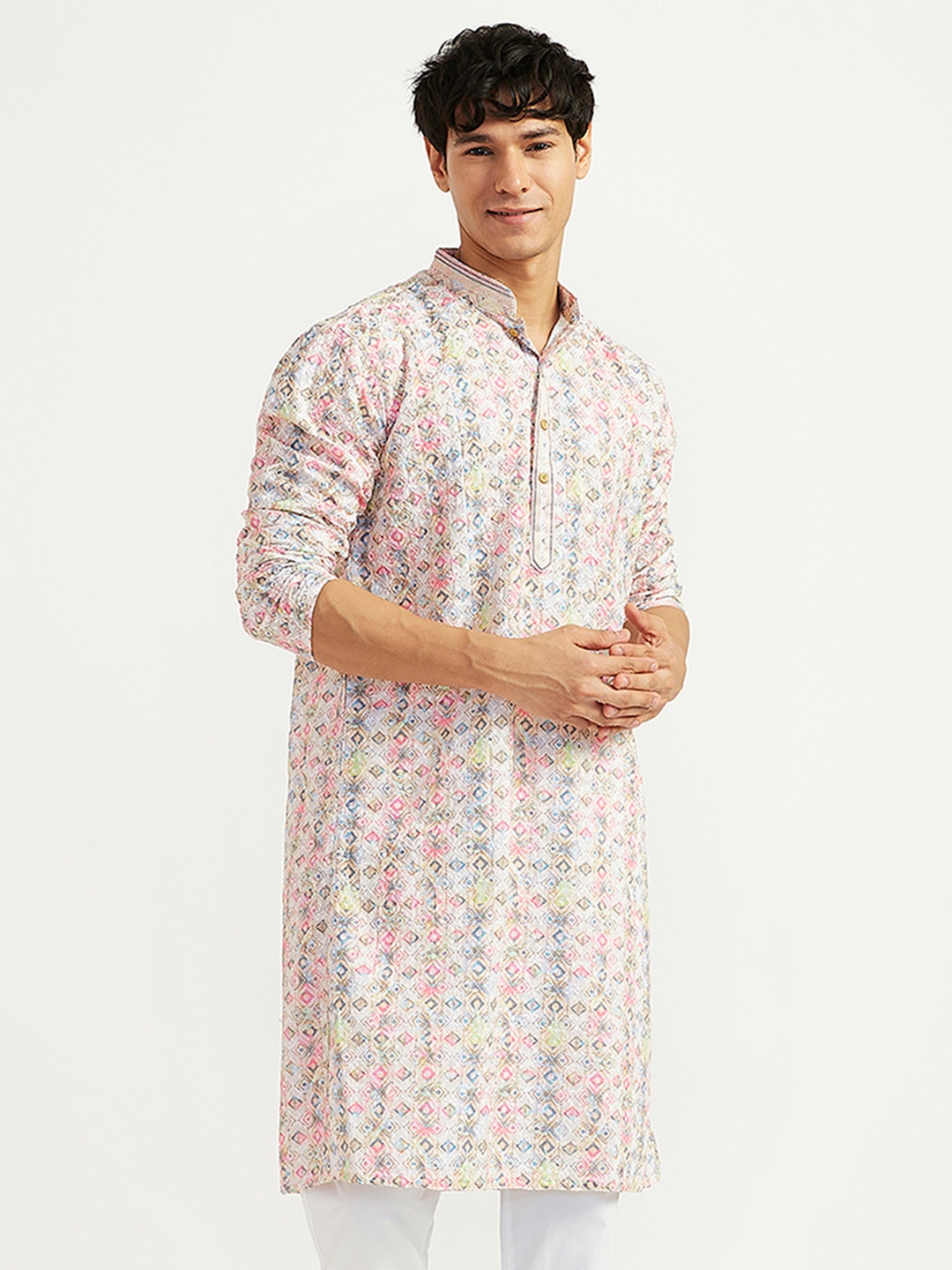 

VASTRAMAY Floral Printed Mandarin Collar Kurta, Pink