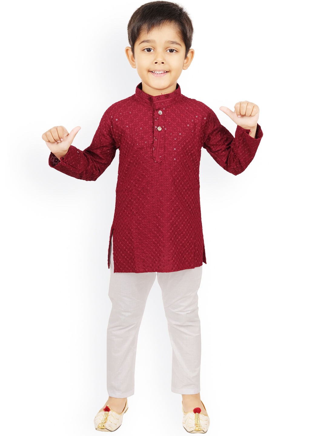 

CELEBRITY CLUB Boys Ethnic Motifs Embroidered Mandarin Collar Kurta & Pyjamas, Red