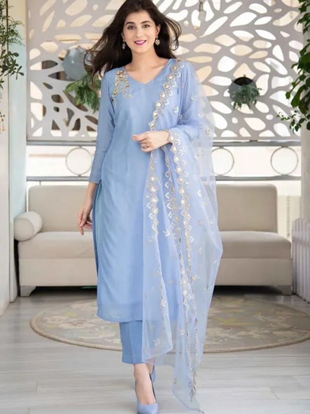 

SWAADHI Floral Embroidered Regular Sequinned Kurta with Trousers & With Dupatta, Blue