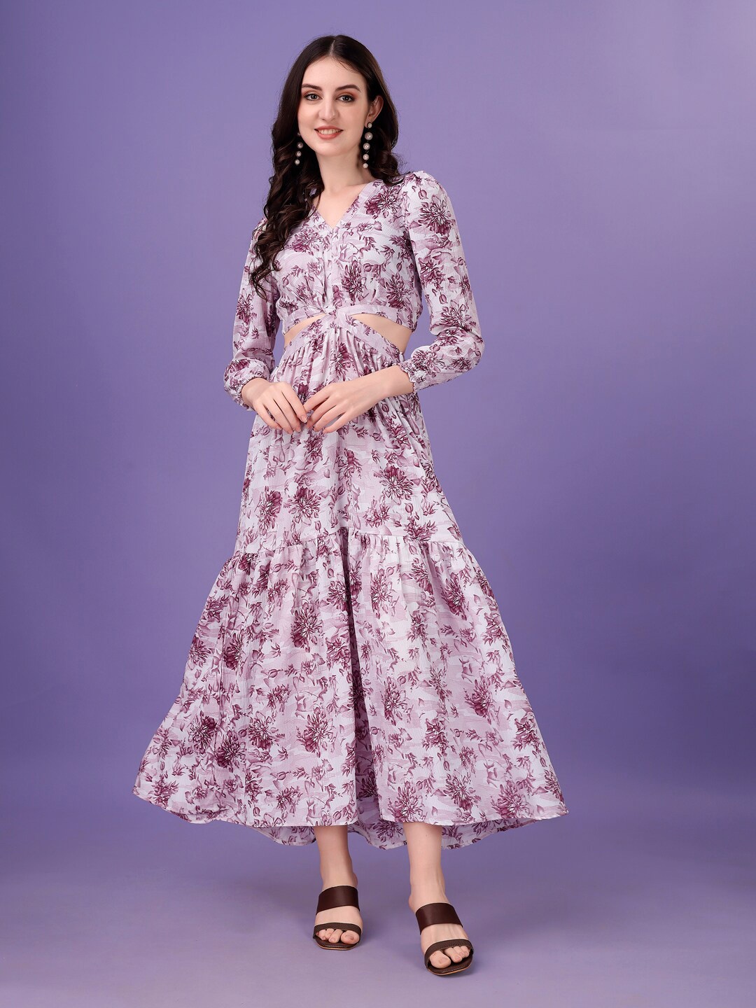 

DEKLOOK Floral Printed V-Neck Puff Sleeve Cut-Outs Tiered Crepe Maxi Dress, Purple