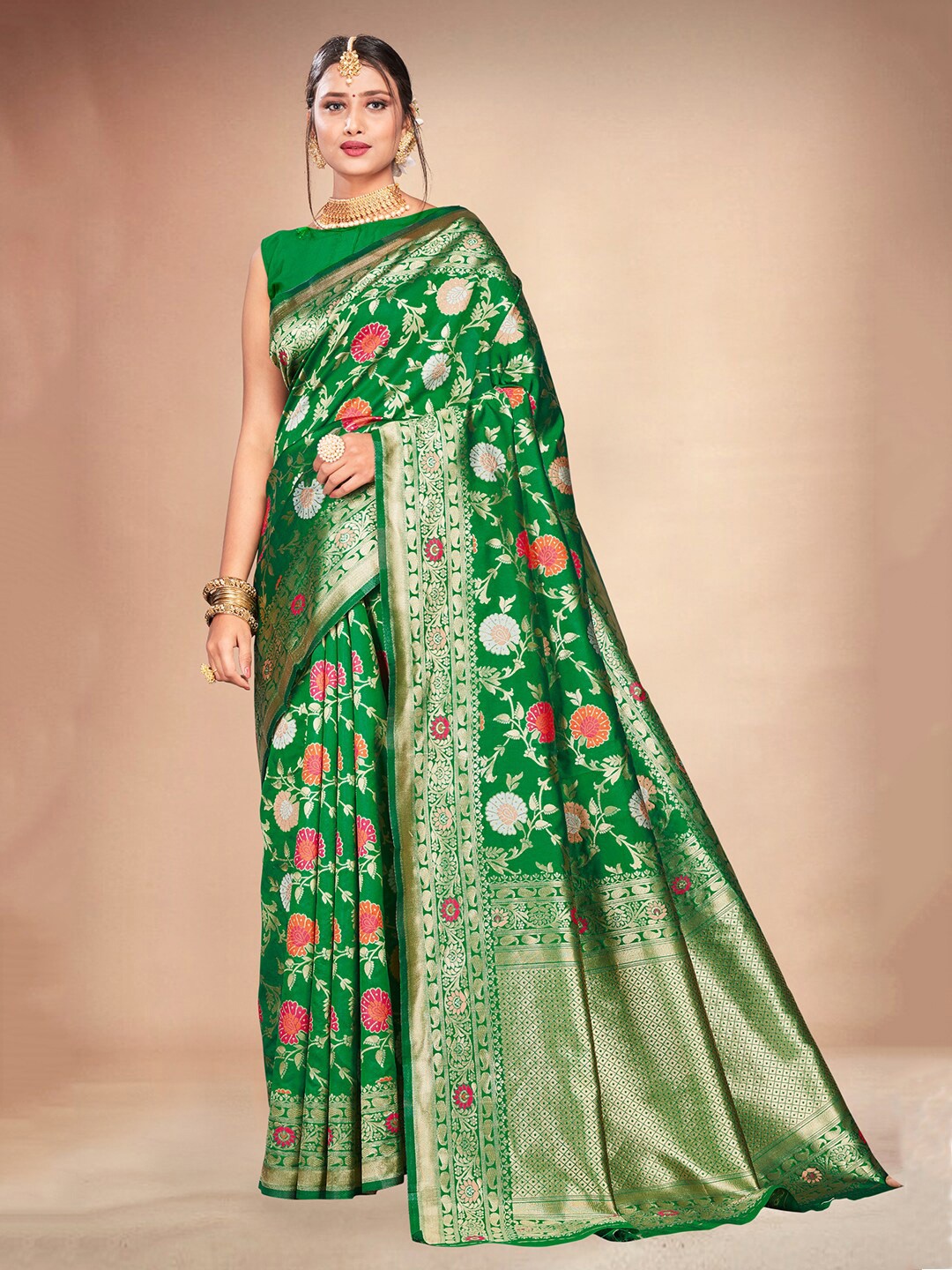 

Lilots Floral Woven Design Zari Kota Saree, Green