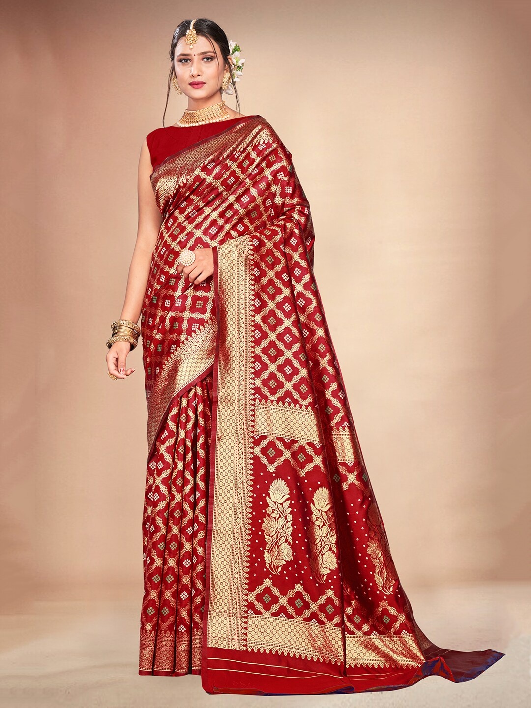 

Lilots Bandhani Woven Design Jacquard Zari Kota Saree, Red