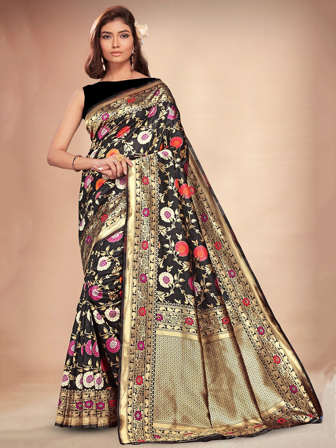 

Lilots Floral Woven Design Zari Kota Saree, Black