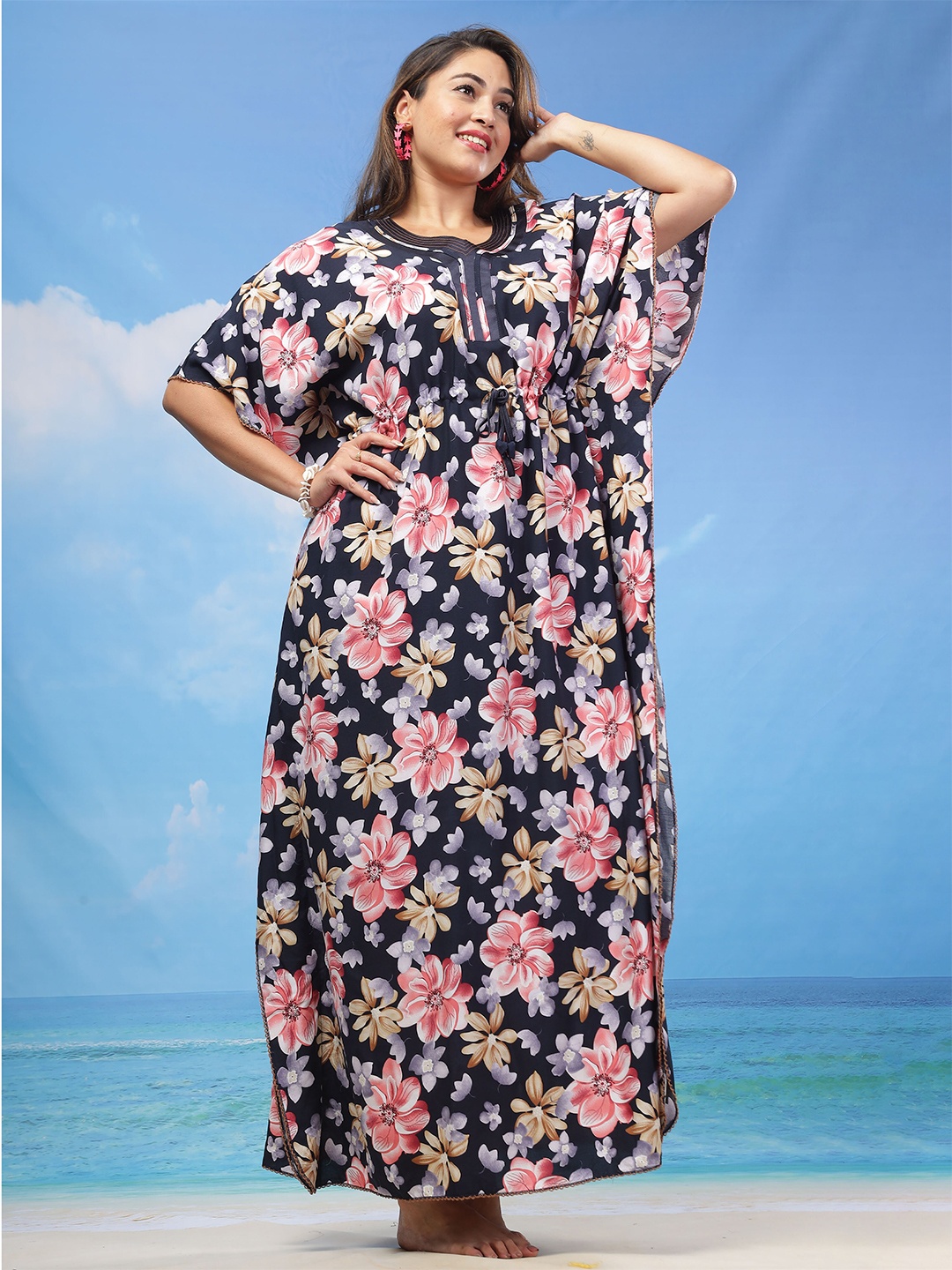 

9shines Label Floral Printed Maxi Kaftan Nightdress, Navy blue